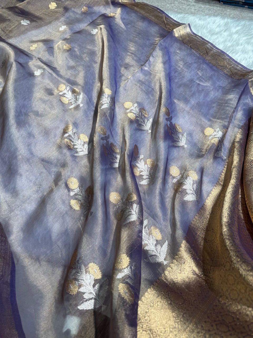 Royal Blue Floral Shades Pure Tissue Handloom Silk Saree PT-23