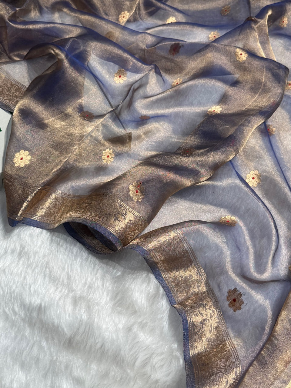 Royal Blue Floral Shades Pure Tissue Handloom Silk Saree PT-25