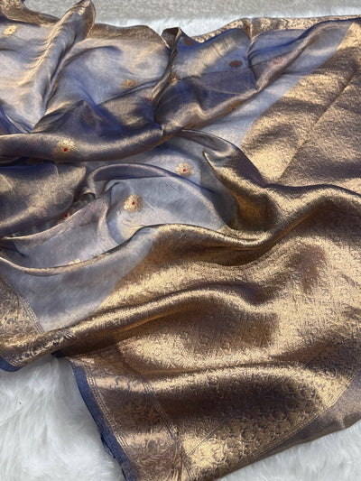 Royal Blue Floral Shades Pure Tissue Handloom Silk Saree PT-25