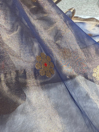 Royal Blue Floral Shades Pure Tissue Handloom Silk Saree PT-25