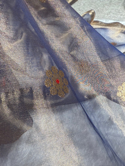 Royal Blue Floral Shades Pure Tissue Handloom Silk Saree PT-25