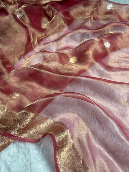 Pinkish Gold Floral Shades Pure Tissue Handloom Silk Saree PT-23
