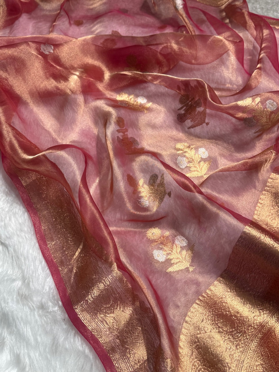 Pinkish Gold Floral Shades Pure Tissue Handloom Silk Saree PT-23
