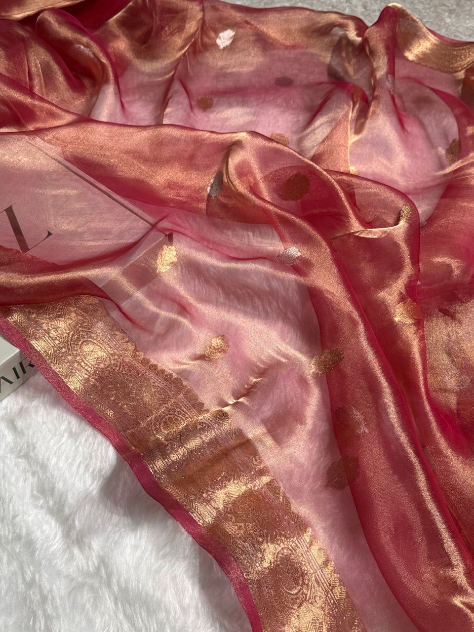 Pinkish Gold Floral Shades Pure Tissue Handloom Silk Saree PT-23
