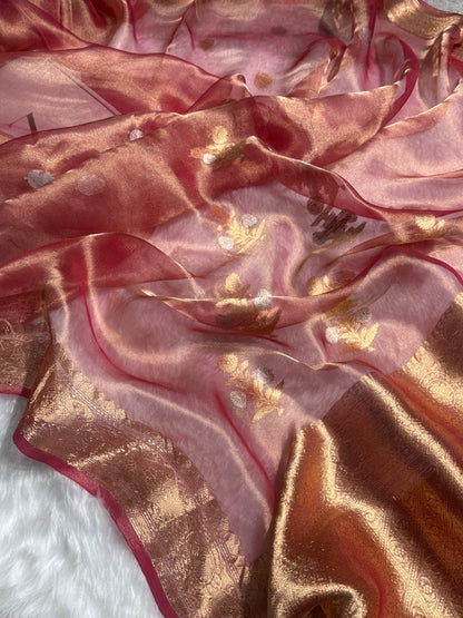 Pinkish Gold Floral Shades Pure Tissue Handloom Silk Saree PT-23