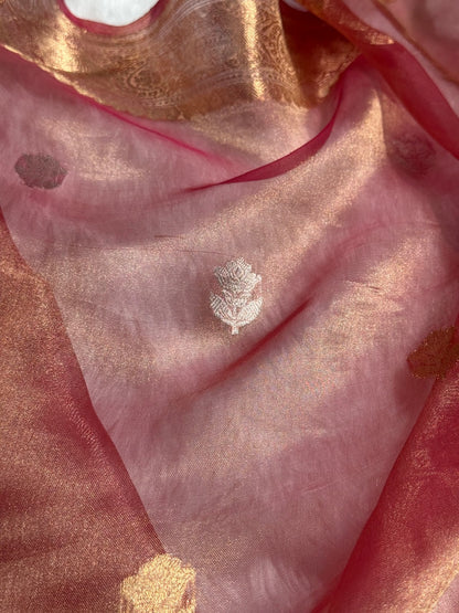Pinkish Gold Floral Shades Pure Tissue Handloom Silk Saree PT-23