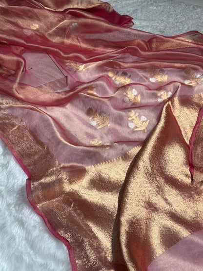 Pinkish Gold Floral Shades Pure Tissue Handloom Silk Saree PT-23