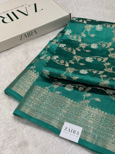 Turqoise Banarasi Jaal Pure Caramel Silk Saree