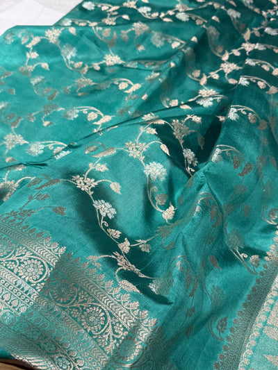 Turqoise Banarasi Jaal Pure Caramel Silk Saree