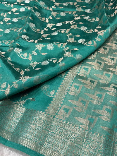 Turqoise Banarasi Jaal Pure Caramel Silk Saree