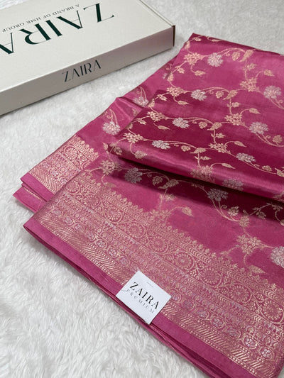 Baby Pink Banarasi Jaal Pure Caramel Silk Saree