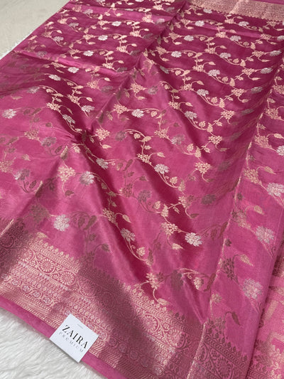 Baby Pink Banarasi Jaal Pure Caramel Silk Saree
