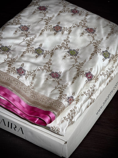 White Minakari Jaal With Pink Edge Mashru Silk Saree