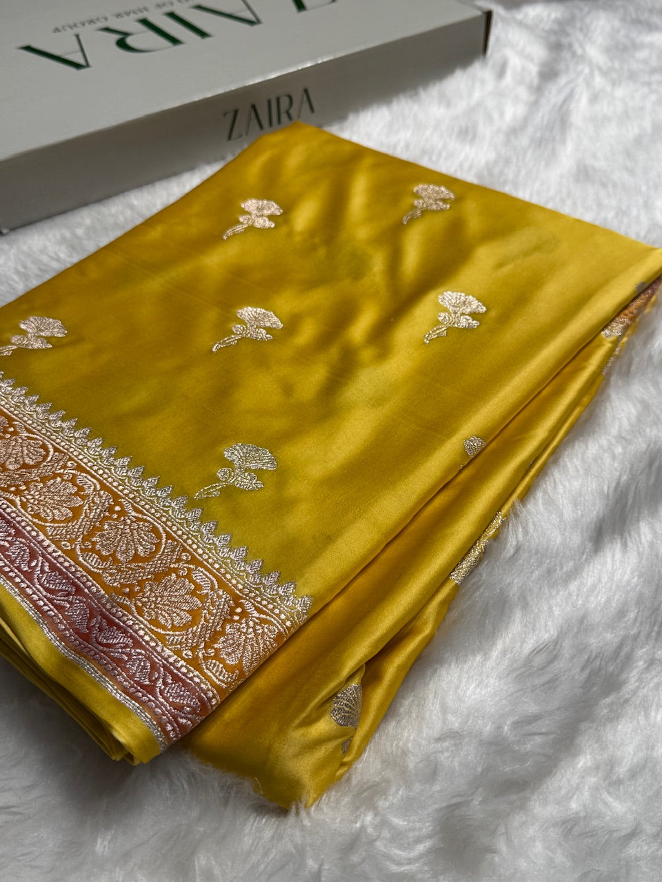Yellow Shades Minakari Boota Mashru Silk Saree