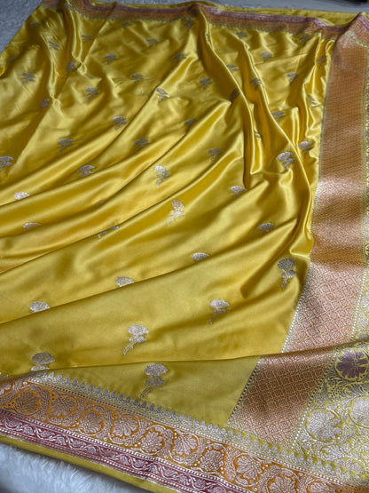 Yellow Shades Minakari Boota Mashru Silk Saree