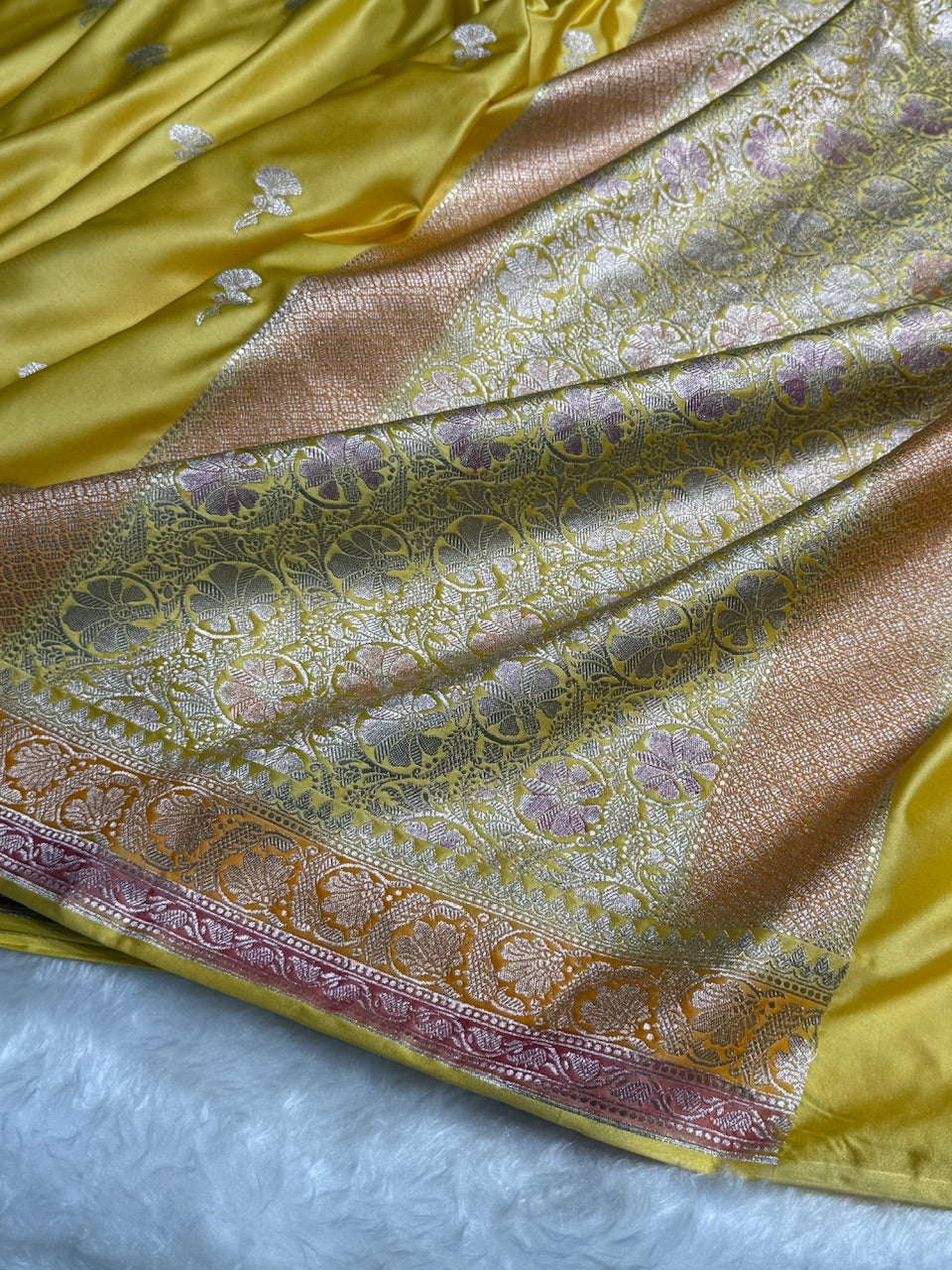 Yellow Shades Minakari Boota Mashru Silk Saree