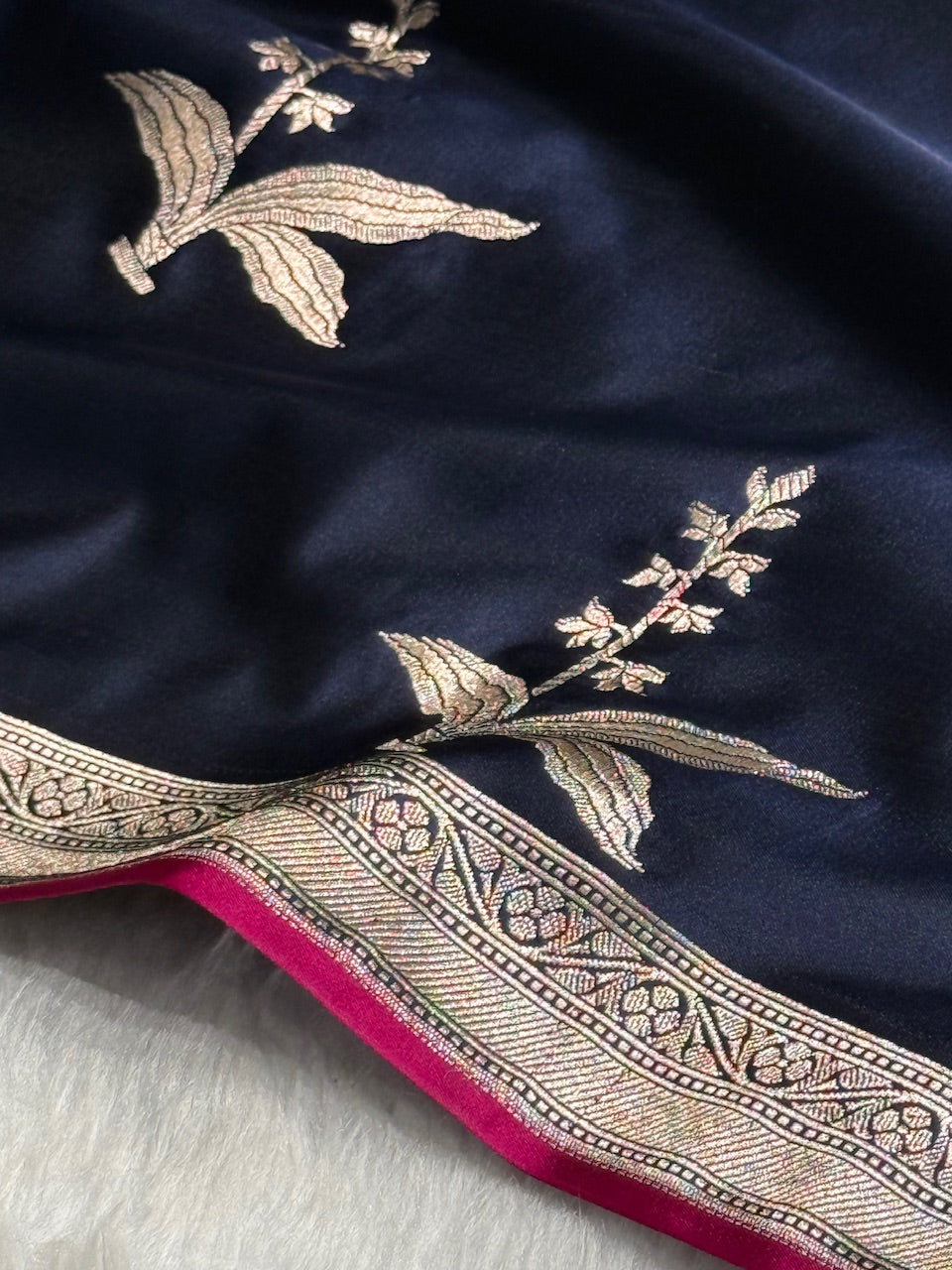 Navy Blue Floral Motif Mashru Silk Saree