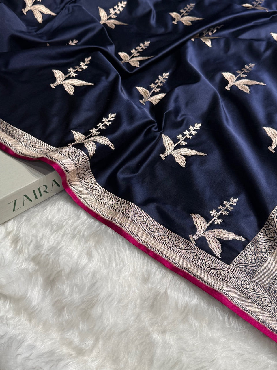 Navy Blue Floral Motif Mashru Silk Saree