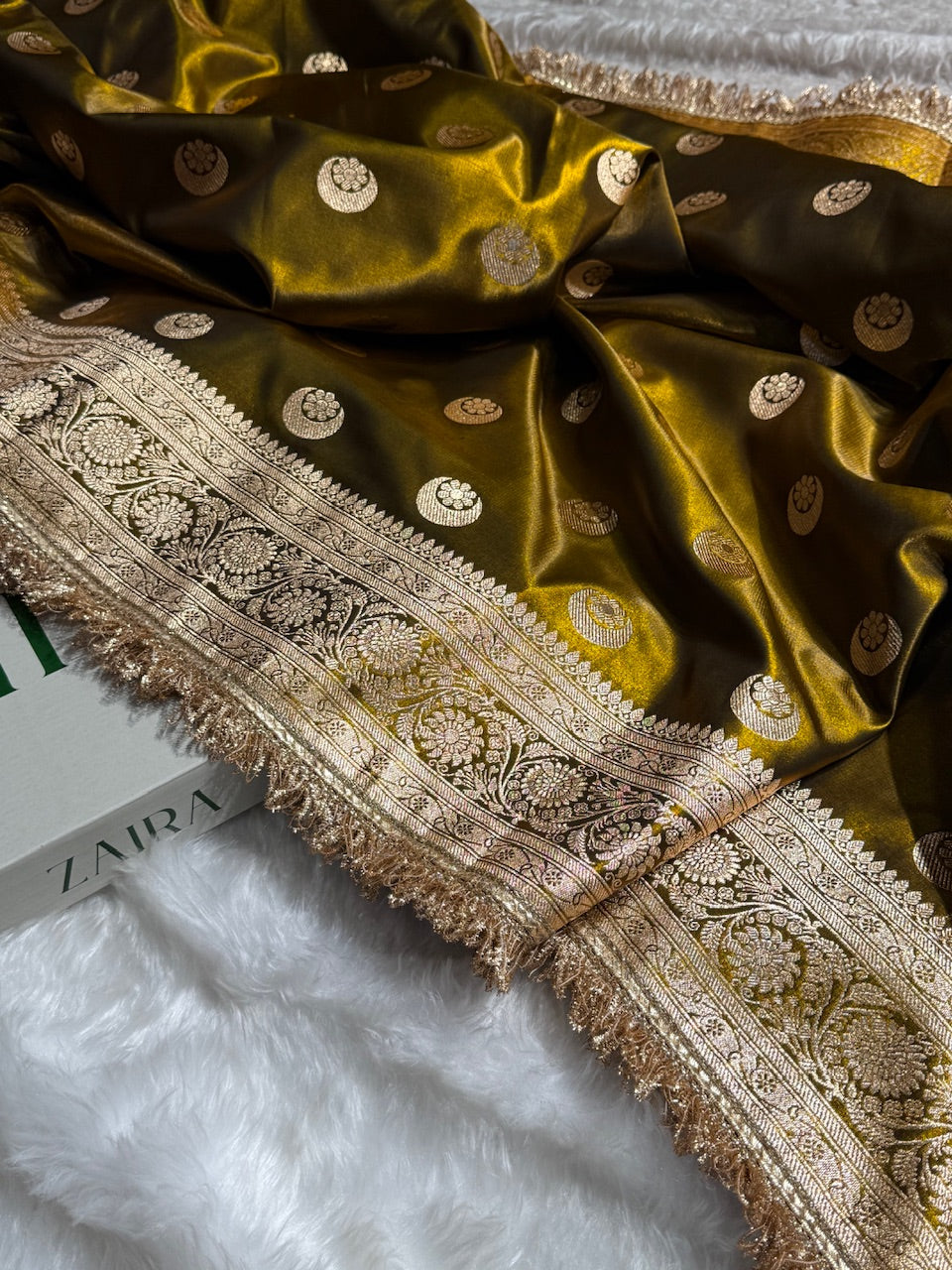Mehandi Chand Tara Satin Silk Saree with Gotta Patti