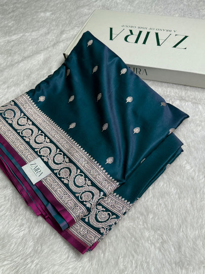 Prussion Blue Motif Mashru Silk Saree