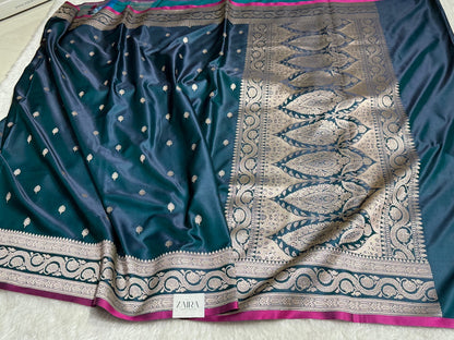 Prussion Blue Motif Mashru Silk Saree