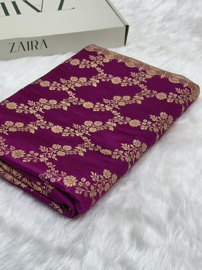 Rani Magenta Floral Jaal Pattern Satin Katan Silk Saree SK43