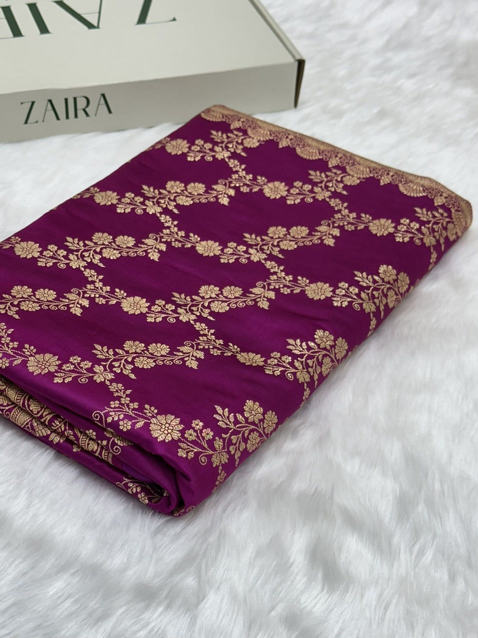 Rani Magenta Floral Jaal Pattern Satin Katan Silk Saree SK43