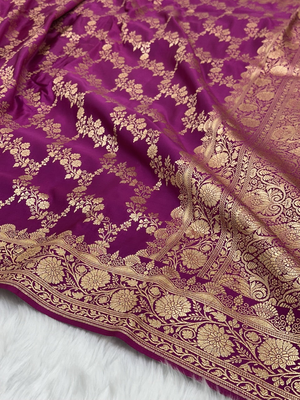 Rani Magenta Floral Jaal Pattern Satin Katan Silk Saree SK43