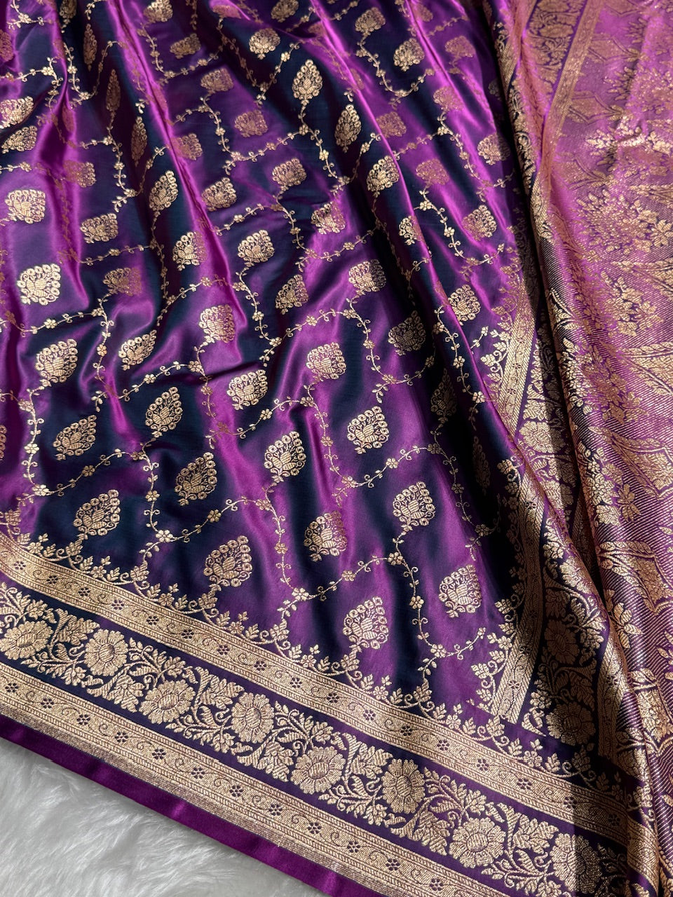 Purple Wine Floral Jaal Pattern Satin Katan Silk saree SK42