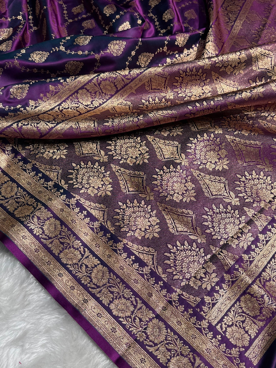 Purple Wine Floral Jaal Pattern Satin Katan Silk saree SK42