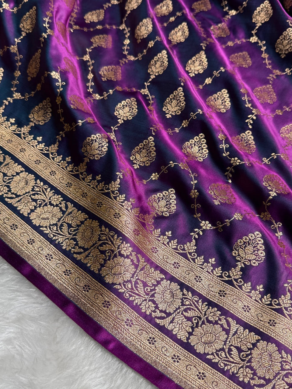 Purple Wine Floral Jaal Pattern Satin Katan Silk saree SK42