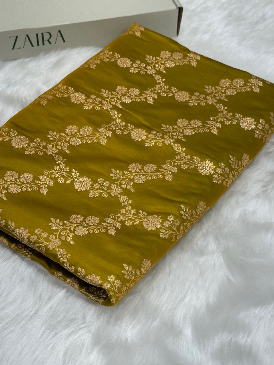 Mehandi Floral Jaal Pattern Satin Katan Silk Saree SK43
