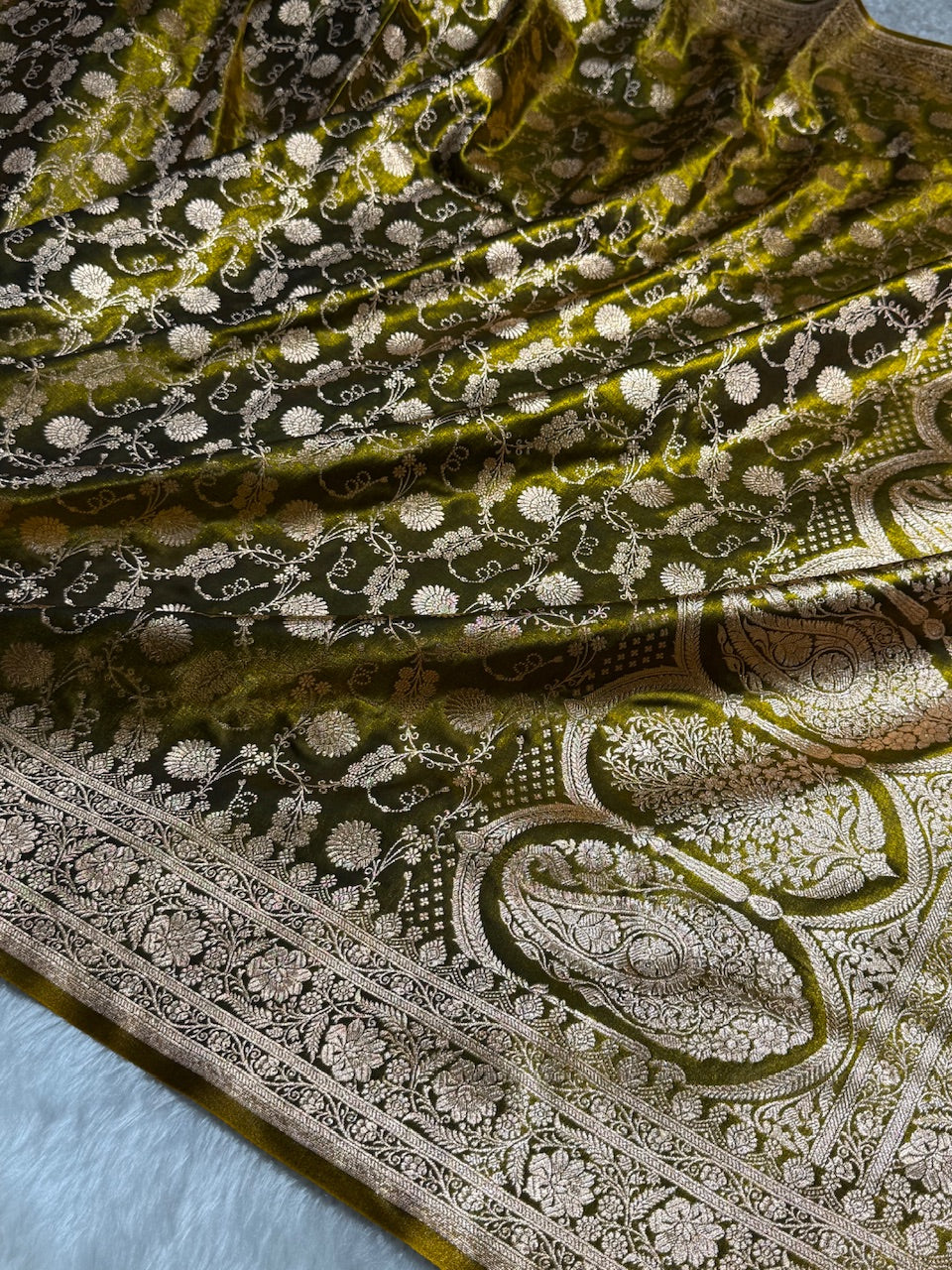 Light Wight Satin Silk Jaal in Mehandi Shades SS17