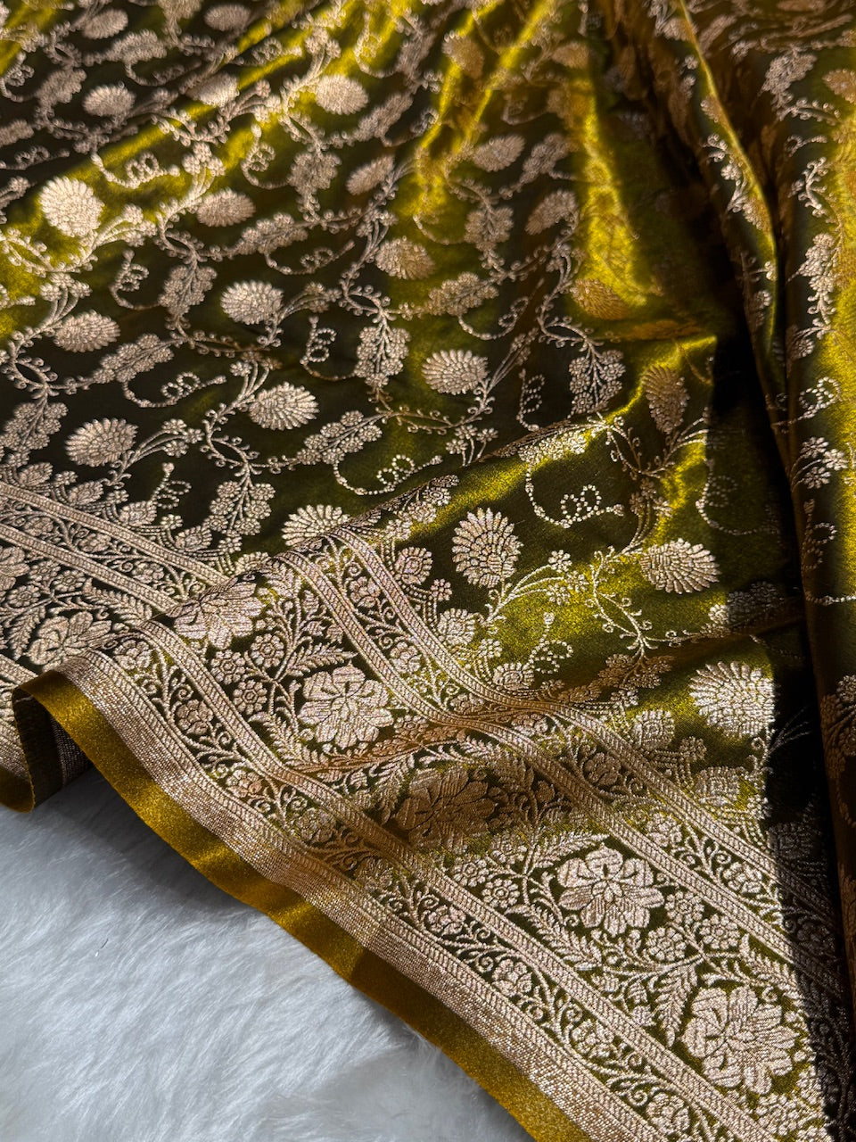 Light Wight Satin Silk Jaal in Mehandi Shades SS17