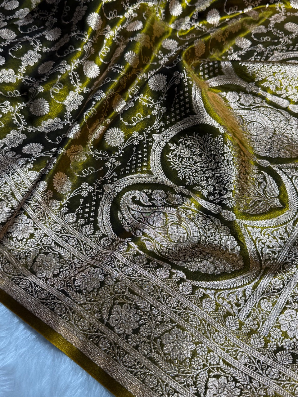 Light Wight Satin Silk Jaal in Mehandi Shades SS17