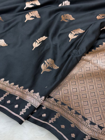 Black Floral Booti Motif Mashru Silk Saree