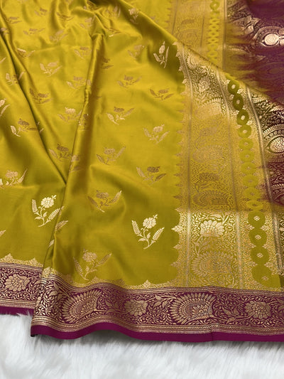 Mehandi Floral Booti Pattern Satin Katan Silk Saree SK58