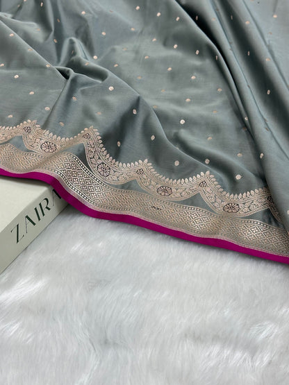 Grey Shades Scallop Motif Booti Mashru Silk Saree