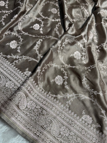 Banarasi Grey Shades Jaal Mashru Silk Saree
