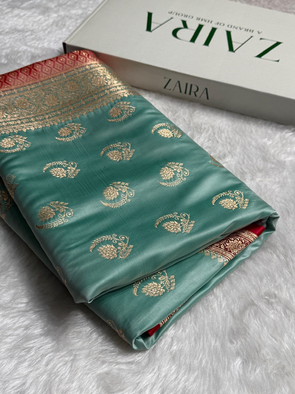Sea Green with Red Floral Boota Satin Katan Silk saree SK27