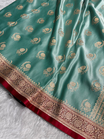 Sea Green with Red Floral Boota Satin Katan Silk saree SK27
