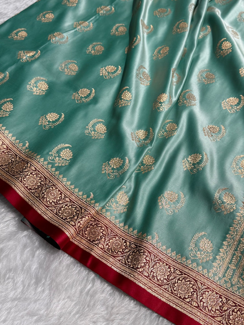 Sea Green with Red Floral Boota Satin Katan Silk saree SK27