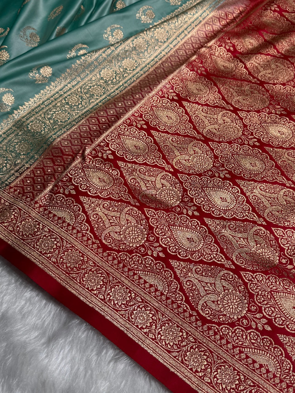 Sea Green with Red Floral Boota Satin Katan Silk saree SK27