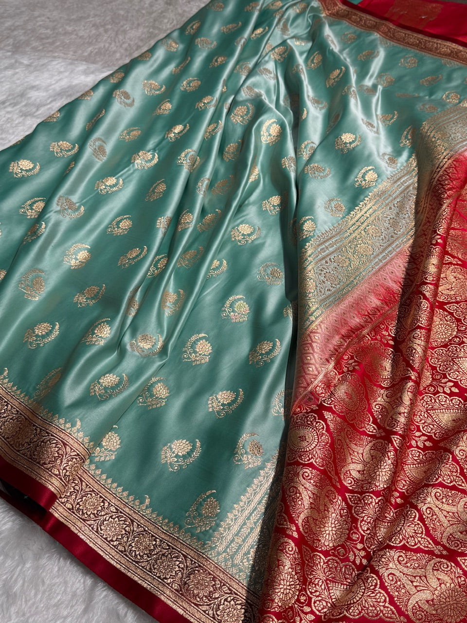 Sea Green with Red Floral Boota Satin Katan Silk saree SK27