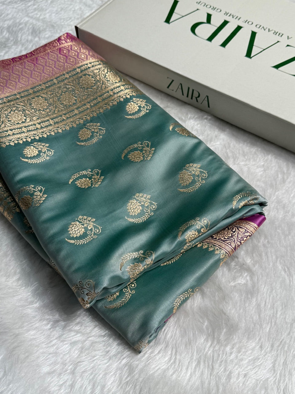 Turquoise with Lavender Floral Boota Satin Katan Silk saree SK27