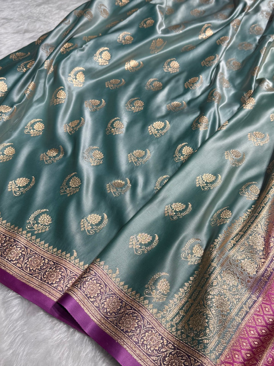 Turquoise with Lavender Floral Boota Satin Katan Silk saree SK27