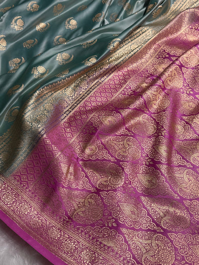 Turquoise with Lavender Floral Boota Satin Katan Silk saree SK27