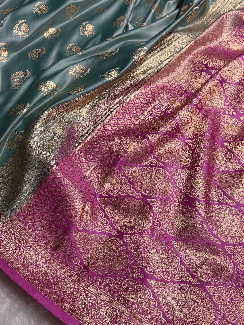 Turquoise with Lavender Floral Boota Satin Katan Silk saree SK27