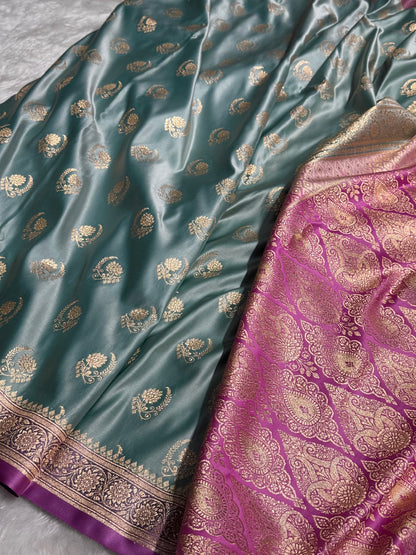 Turquoise with Lavender Floral Boota Satin Katan Silk saree SK27