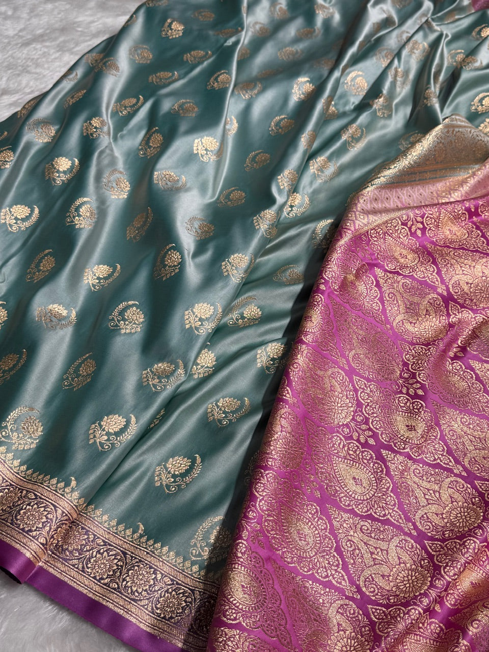 Turquoise with Lavender Floral Boota Satin Katan Silk saree SK27